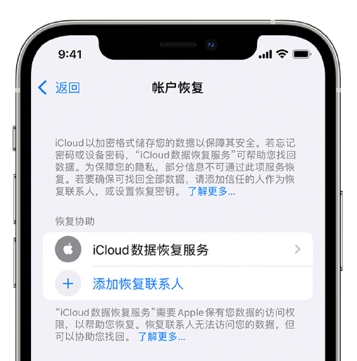 宁晋苹果手机维修分享在 iPhone 上设置帐户恢复联系人的方法 