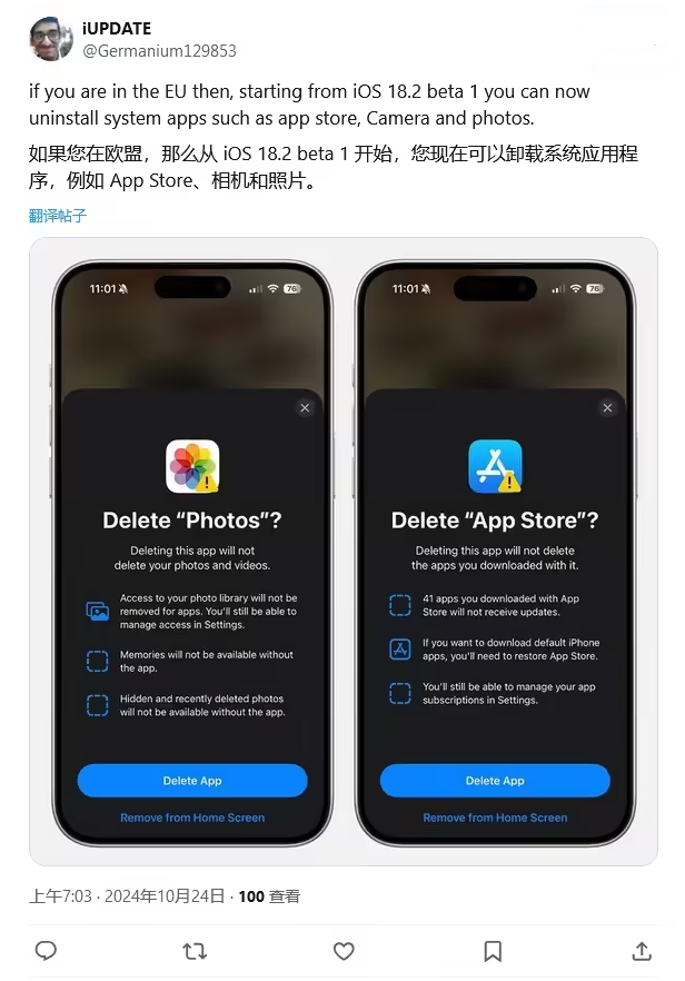 宁晋苹果手机维修分享iOS 18.2 支持删除 App Store 应用商店 