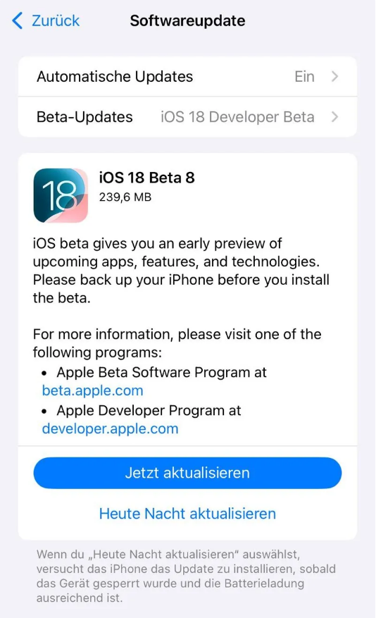 宁晋苹果手机维修分享苹果 iOS / iPadOS 18 开发者预览版 Beta 8 发布 